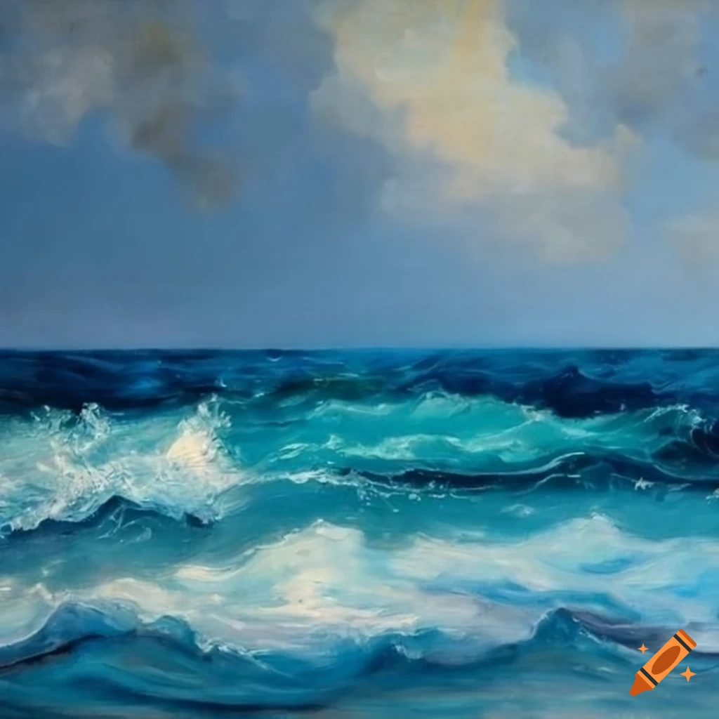 oil painting of cyan and blue ocean waves