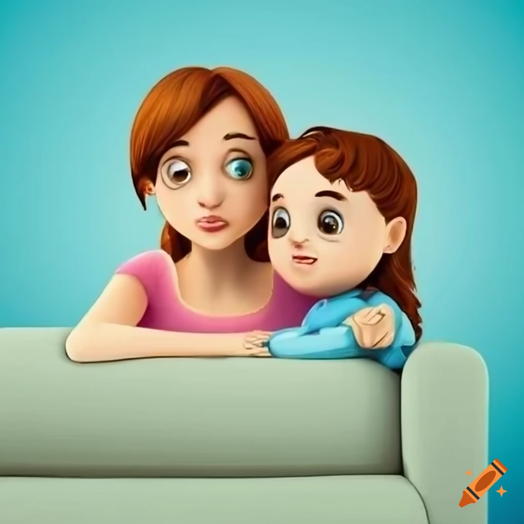 animation of a wife and child sitting sadly on a sofa
