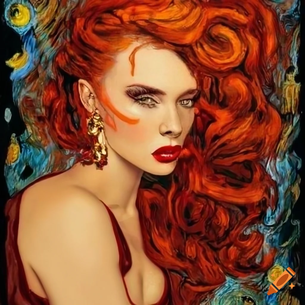 captivating Van Gogh style pinup artwork inspired by Redhead with Hurricane Eyes