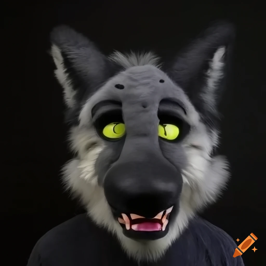 close-up of a black wolf fursuit head