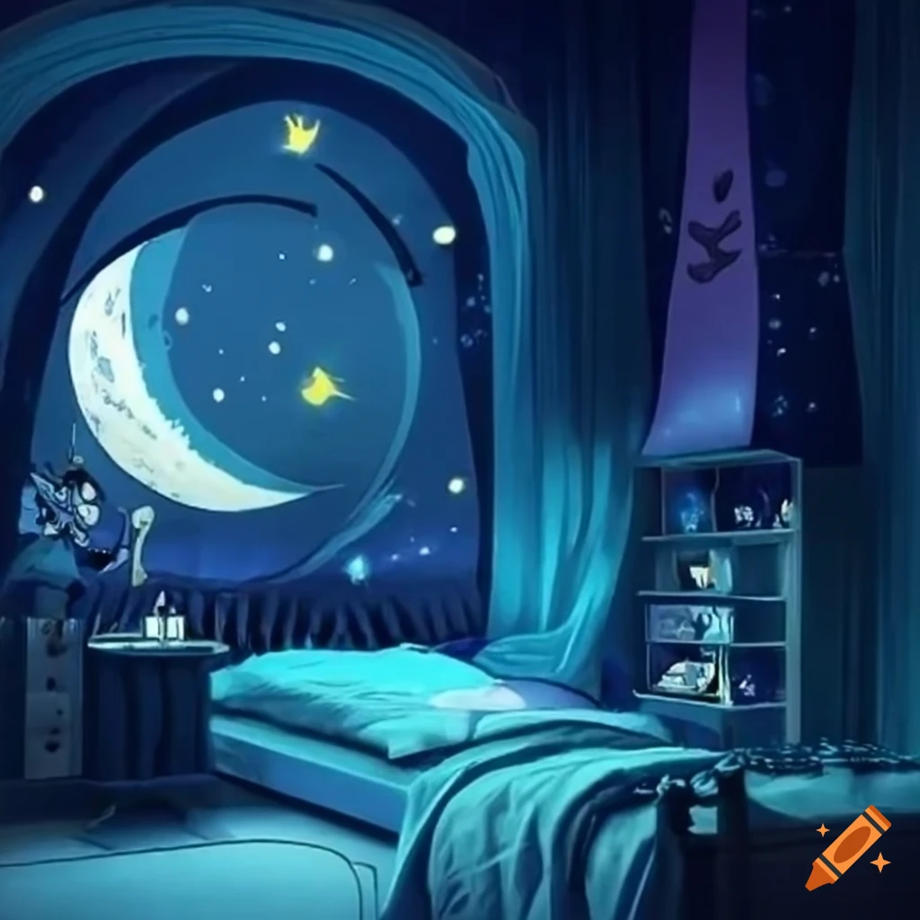 Animethemed bedroom with a moon theme on Craiyon