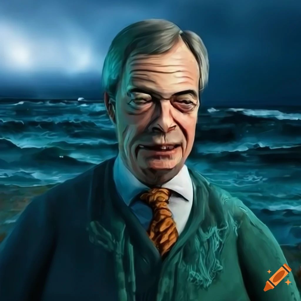 Surreal Portrait Of Nigel Farage As A Moody Sailor With Fish On Craiyon