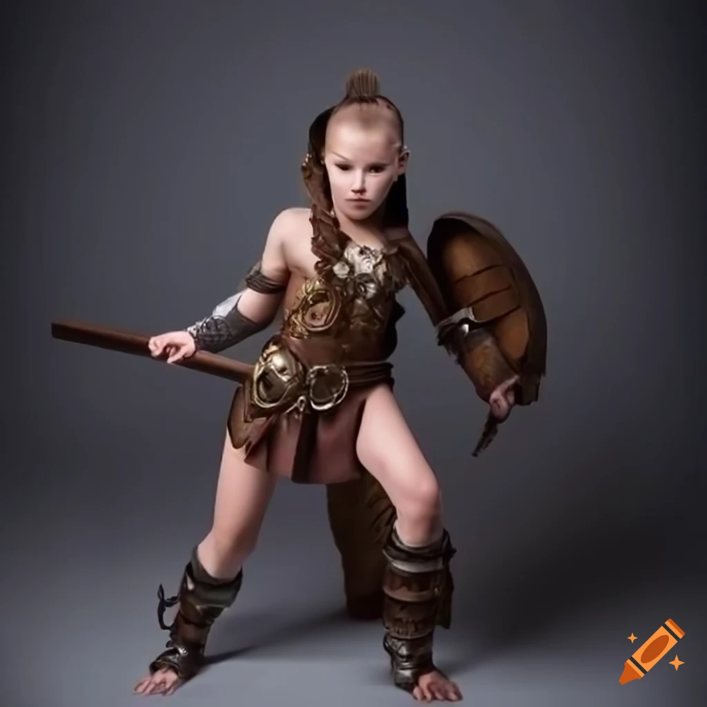young barbarian wizard girl in gladiator armor