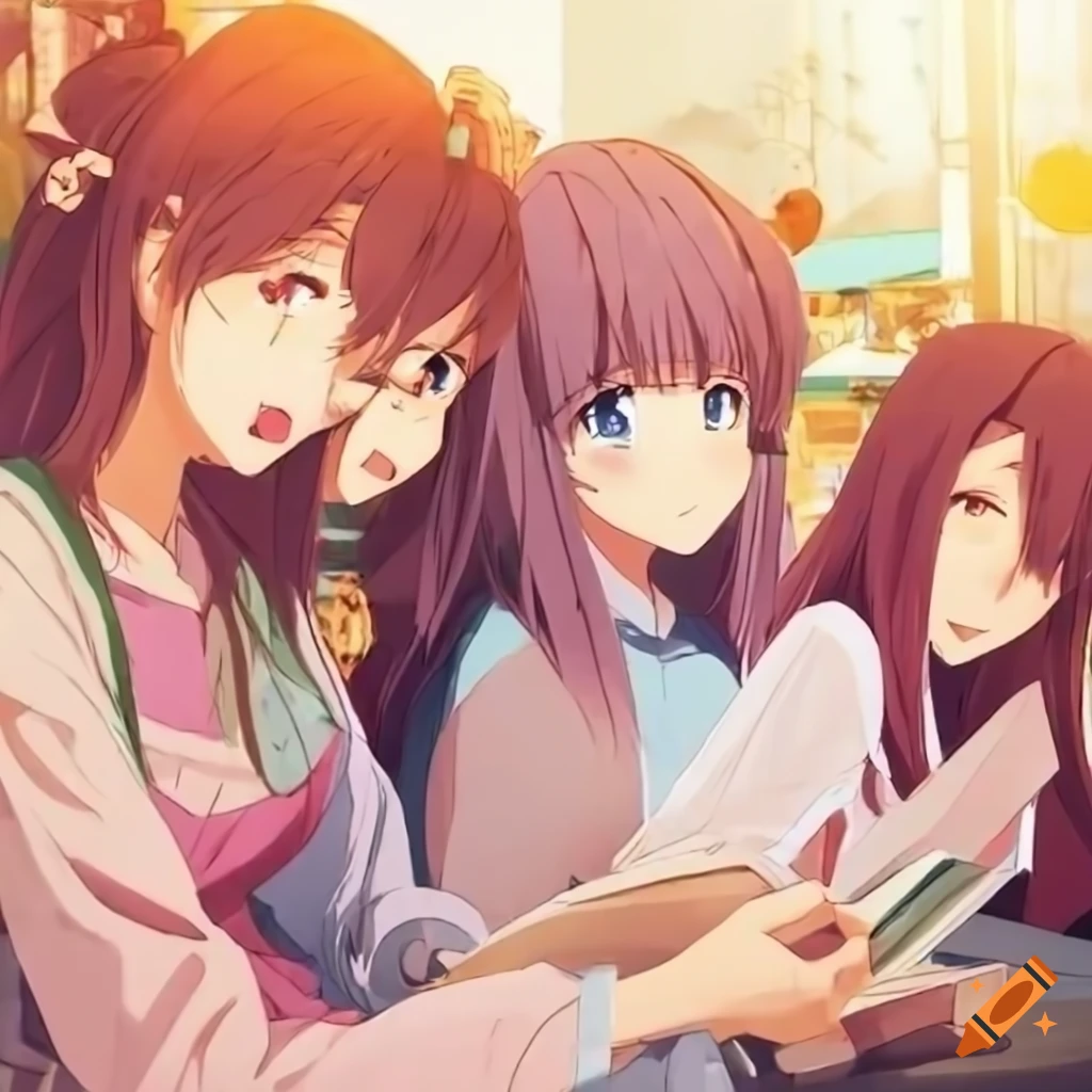 Anime girls enjoying outdoor market and books on craiyon