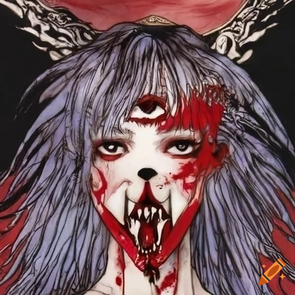 Bloody lips and fangs in yoshitaka amano style