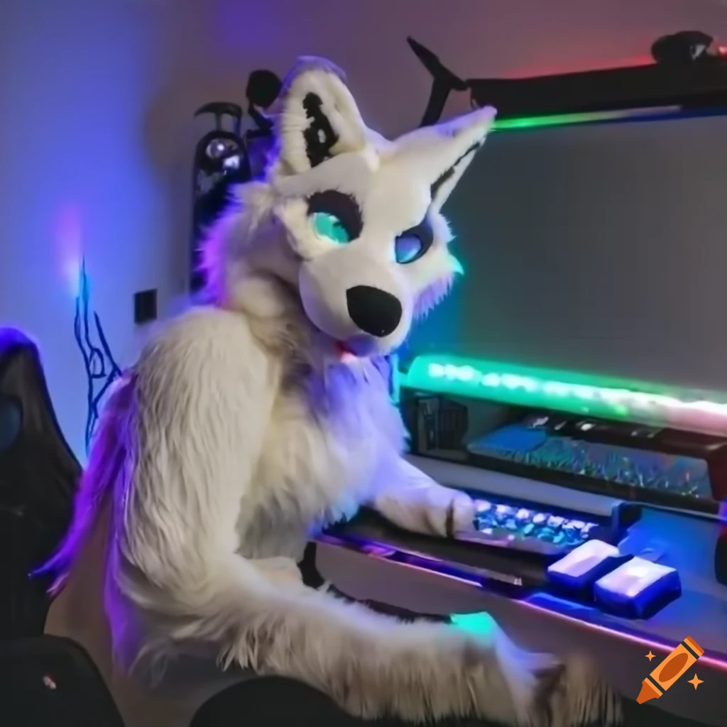 cute white wolf fursuit in a gamer room