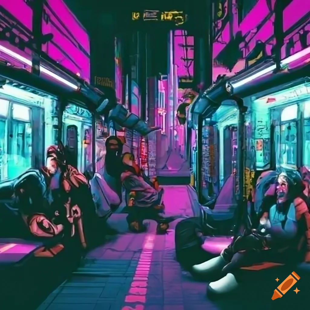 cyberpunk subway scene with a man sitting