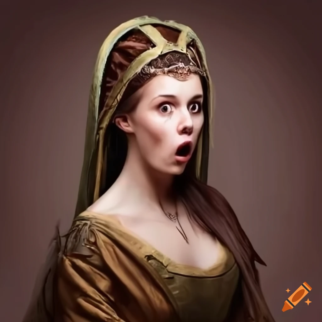 Woman in medieval dress looking shocked on Craiyon