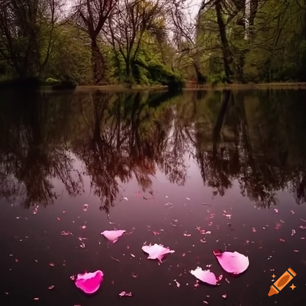 Symbolic image of a tree, grave, falling petals, and a lake