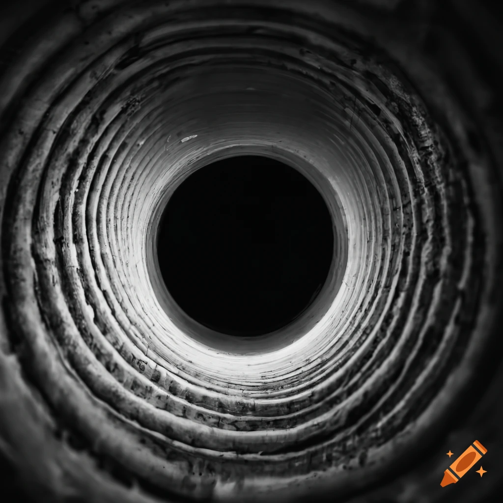 black and white fisheye photo inside a concrete pipe