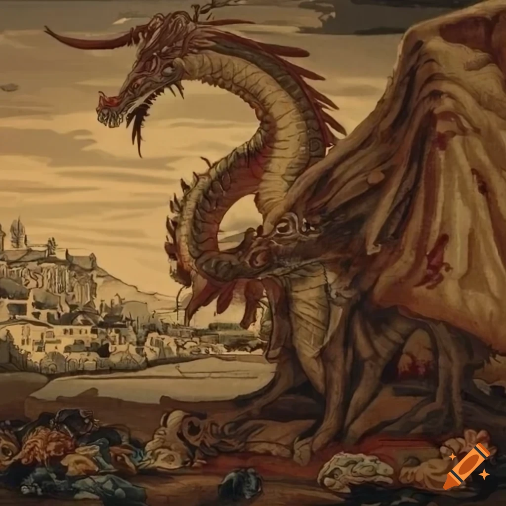 dragon and industrial town in Aubusson style