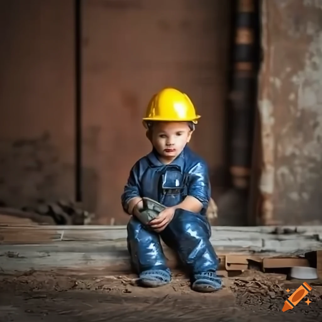 toddler boy construction worker sitting on an old oil barrel