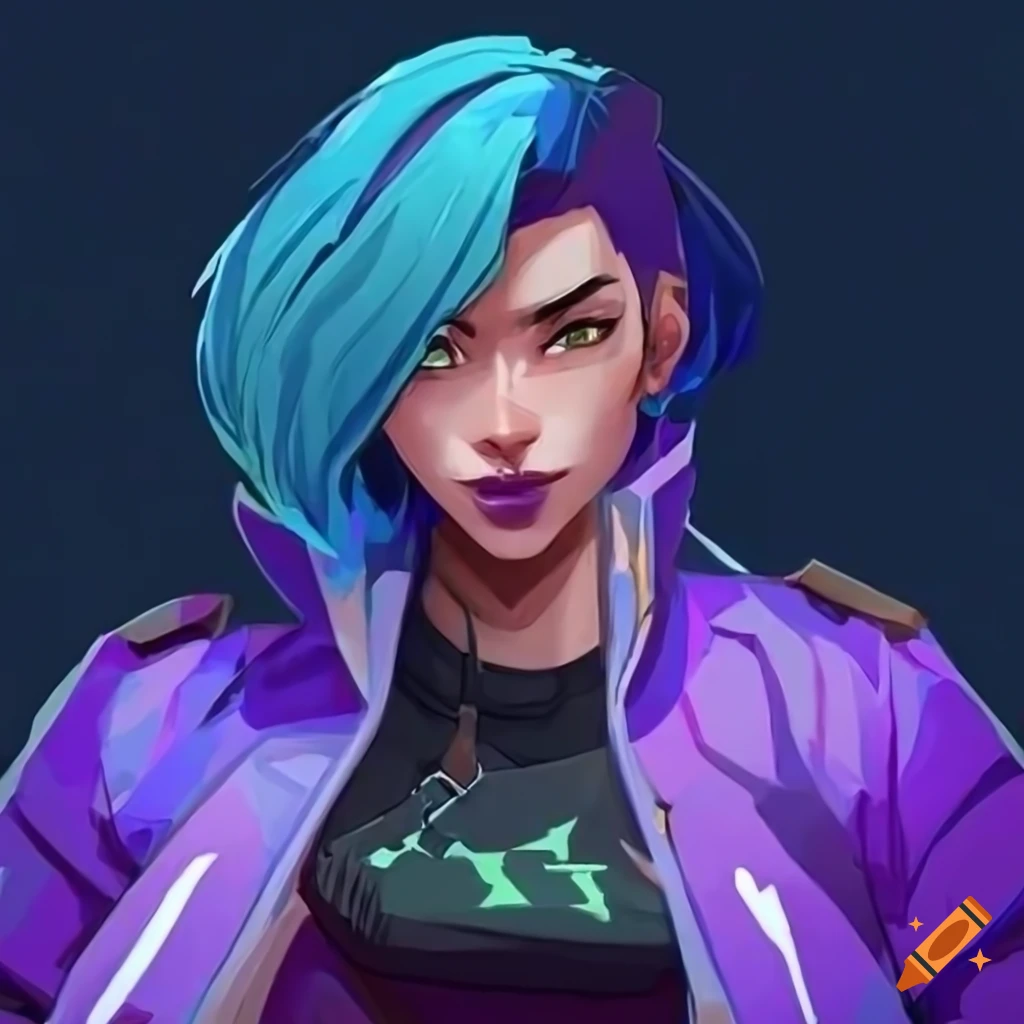 Valorant agent with purple and blue hair on Craiyon