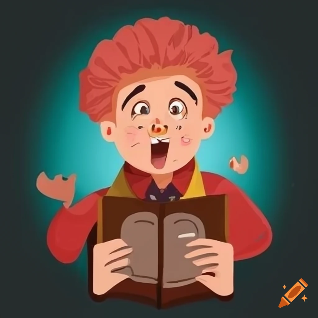 portrait of a character with mischievous charm and a book of witty remarks