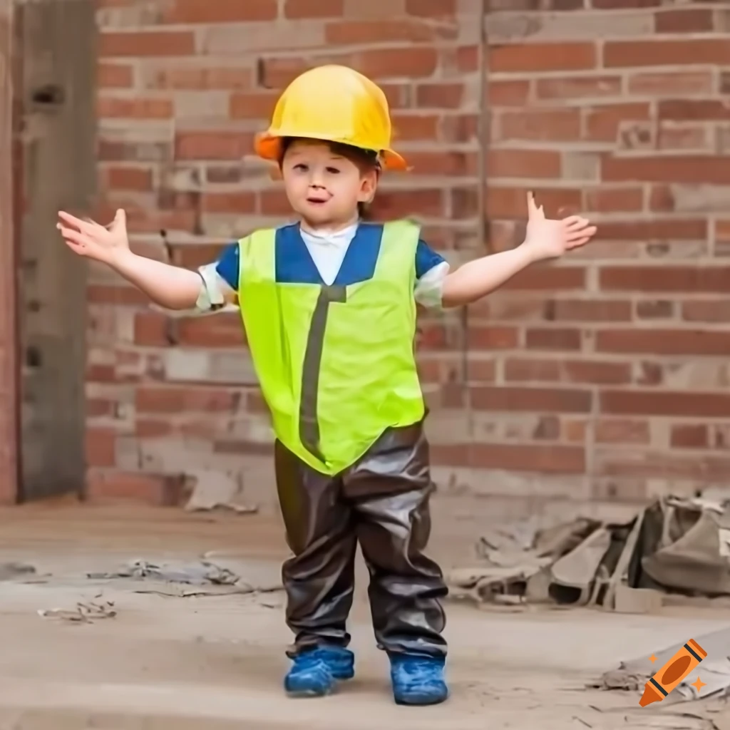 toddler boy in worn workwear outfit on a building site