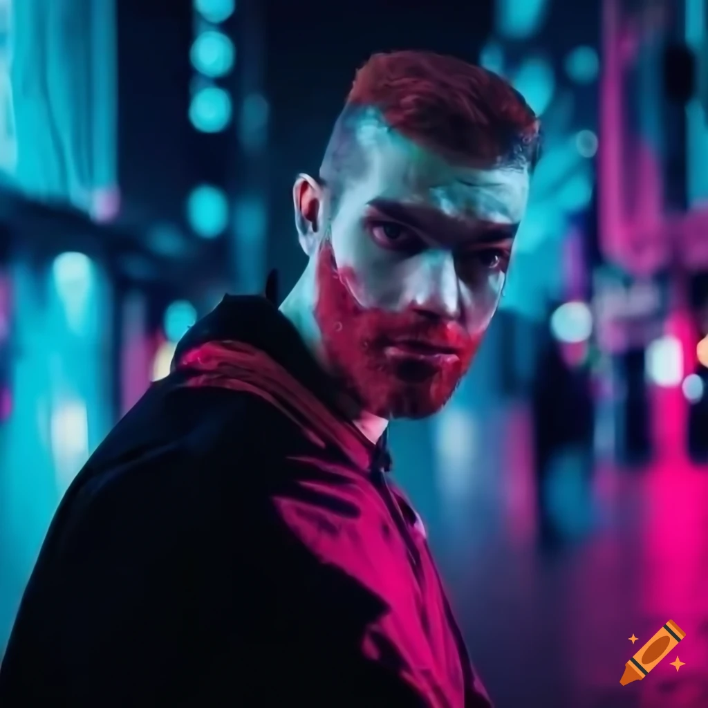 man with red hair and purple eyes in a neon city