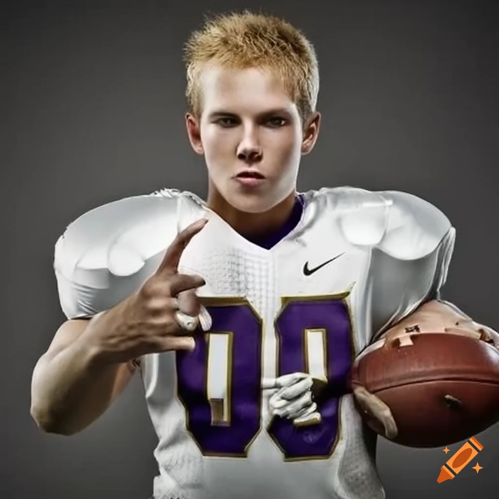 blond high school football player in white uniform