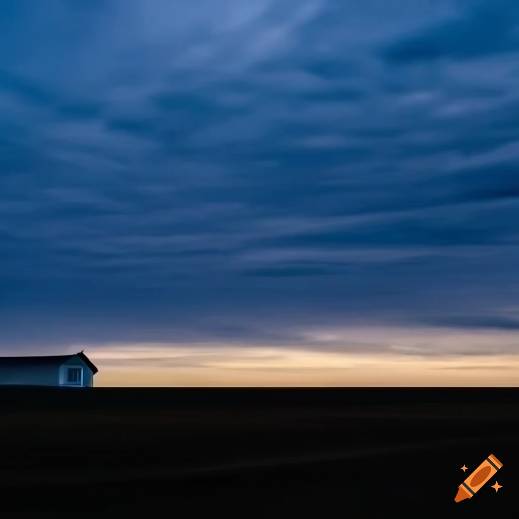 evening landscape with a small house under a navy blue sky