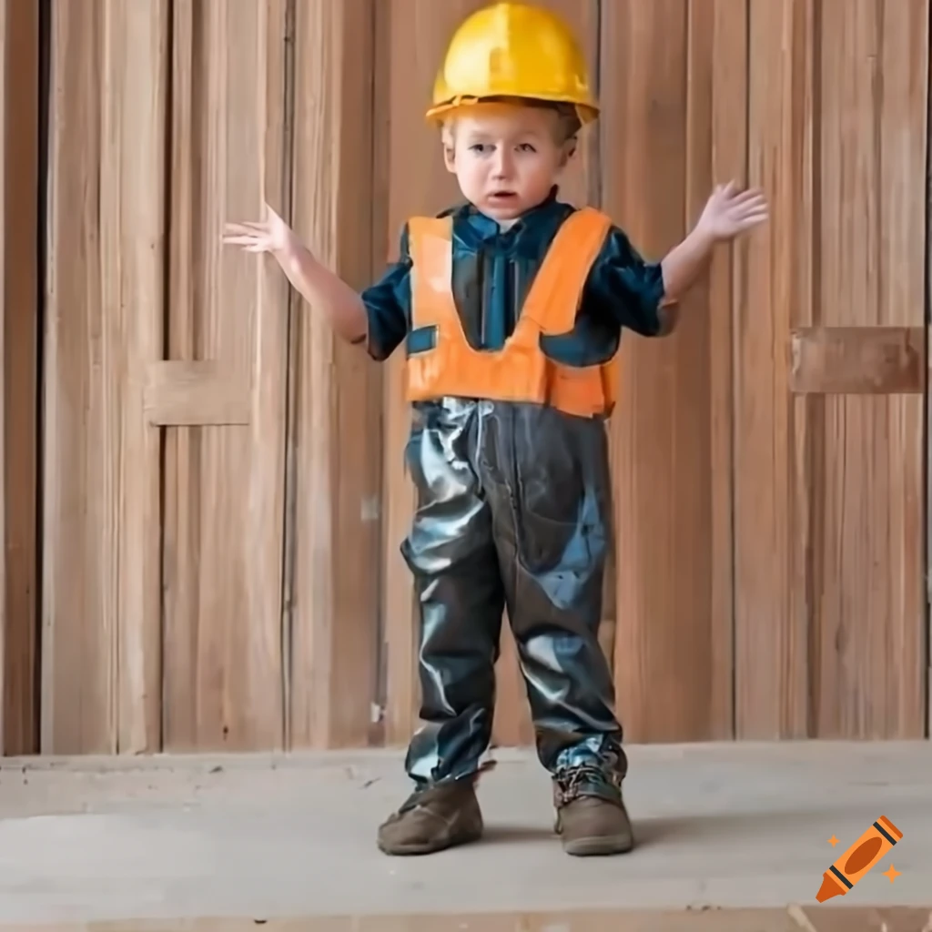toddler boy in worn workwear outfit on a building site