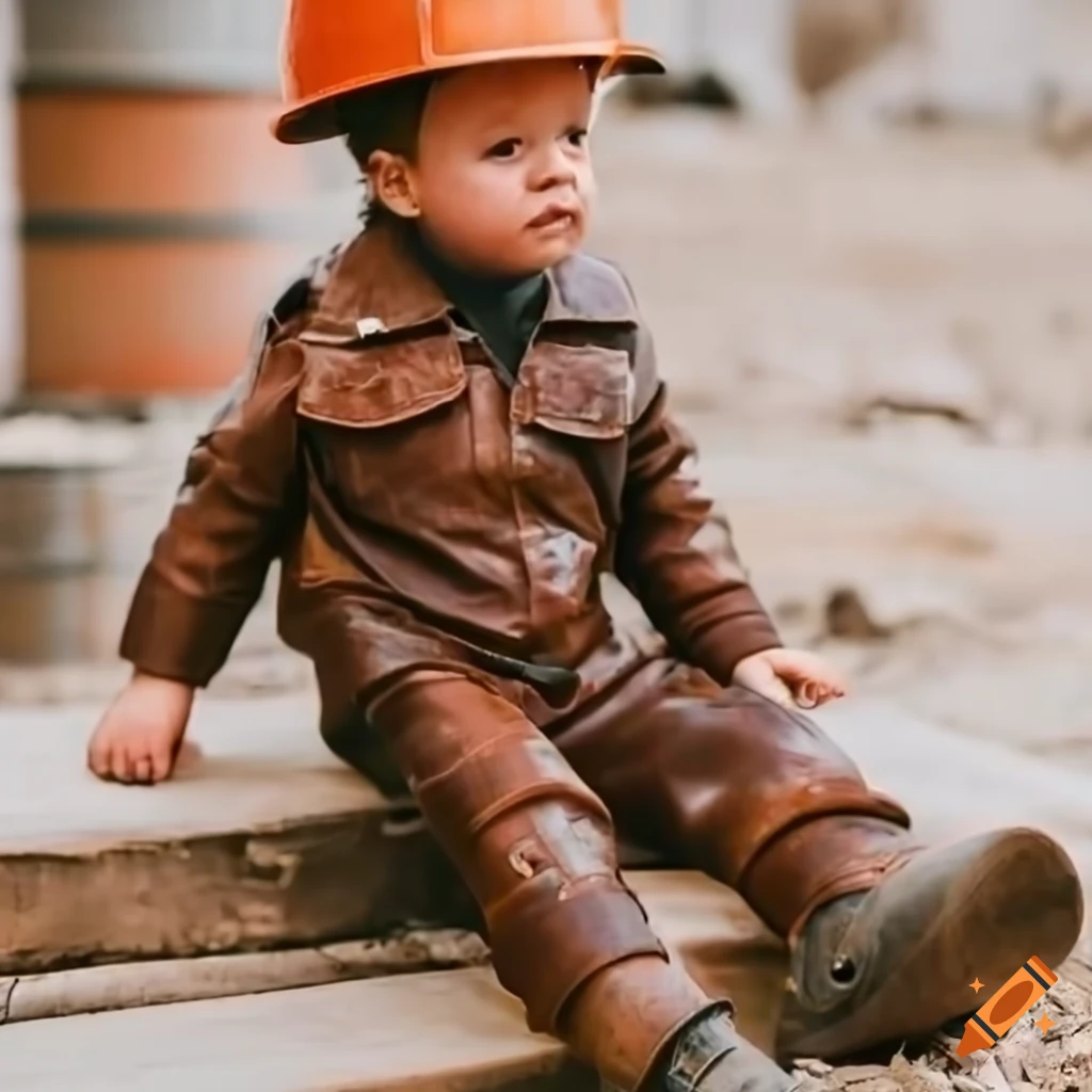 toddler boy in leather workwear on a construction site