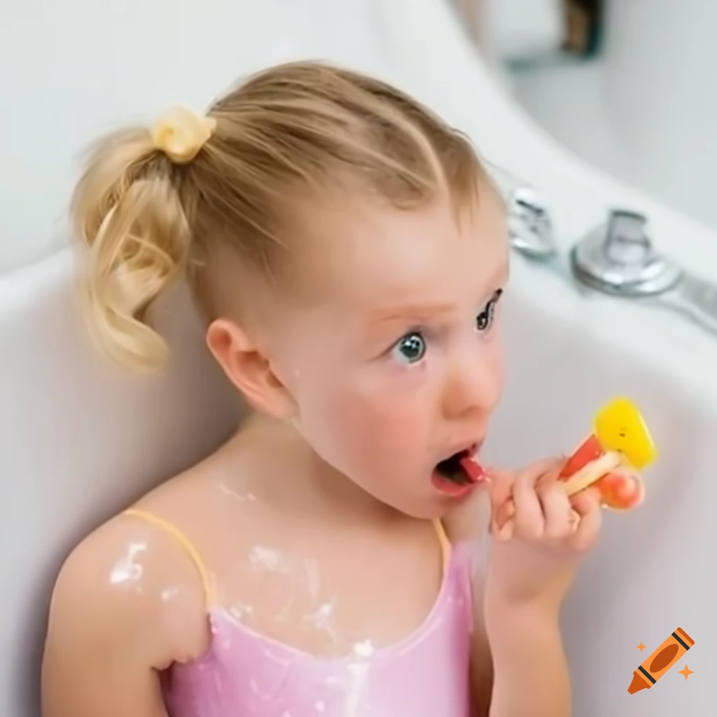 toddler girl in bath with blonde pigtails eating popcicle