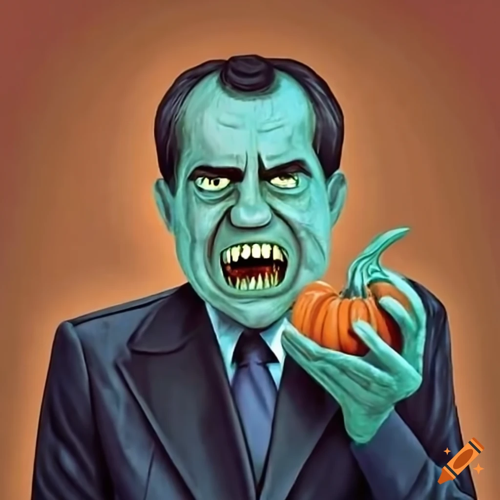 Satirical Portrait Of Richard Nixon With An Evil Grin And A Pumpkin On satirical-portrait-of-richard-nixon-with-an-evil-grin-and-a-pumpkin-on
