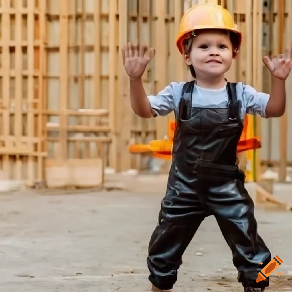 toddler boy in worn workwear outfit on a building site