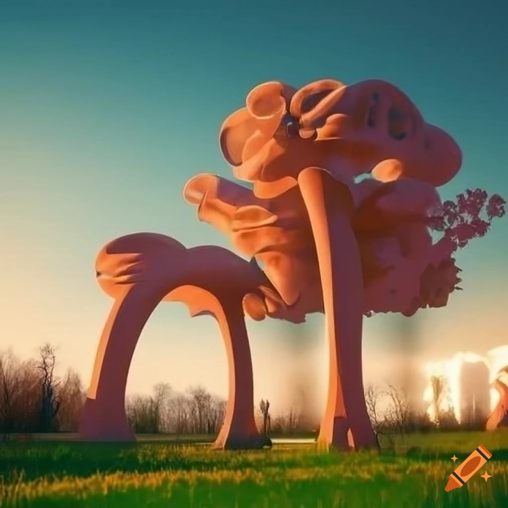 surrealistic park with gothic and modern elements