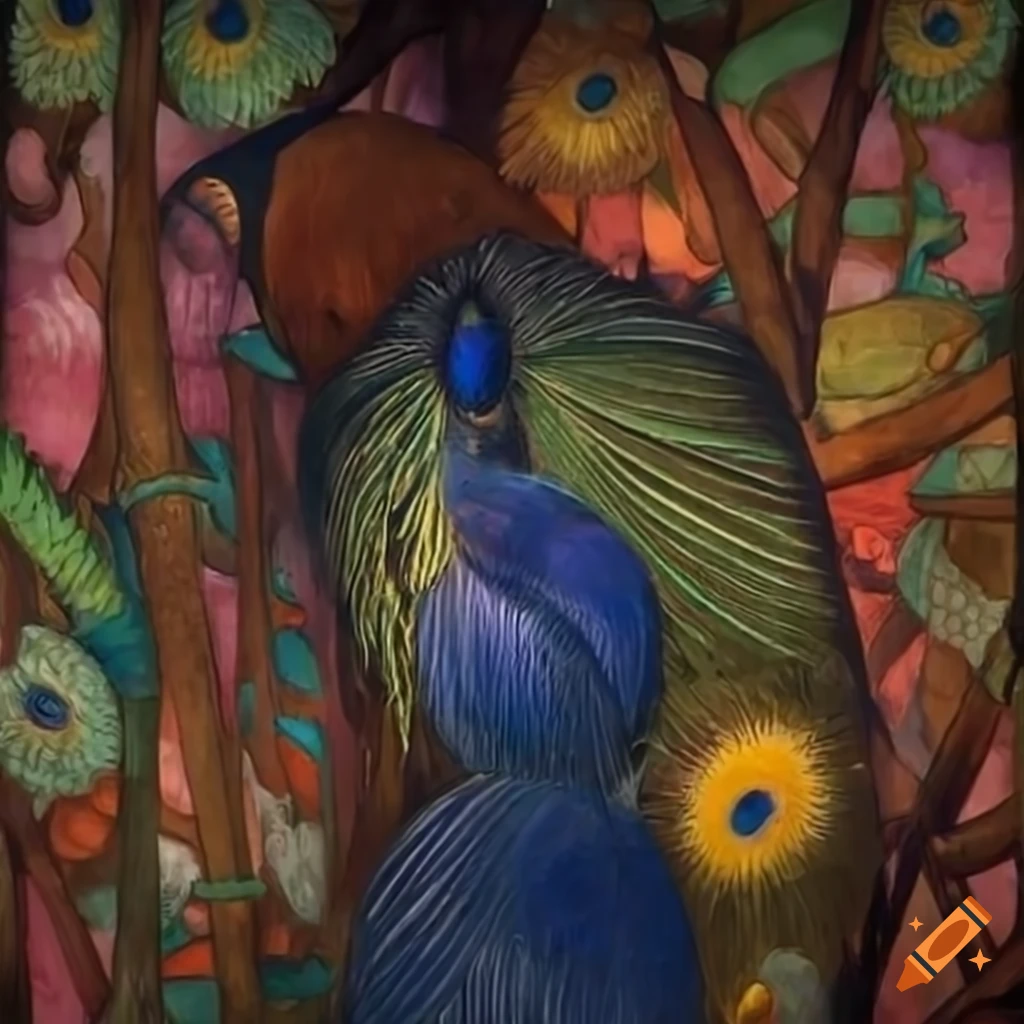 illustration of a raven in a colorful peacock feather cloak