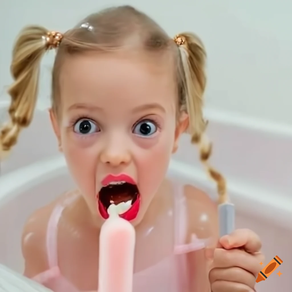surprised toddler girl eating a popsicle in the bath