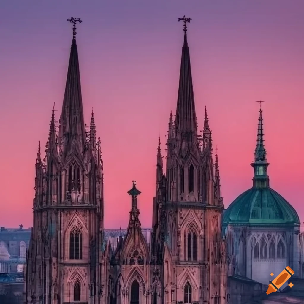 Sunset view of a gothic cathedral in european city skyline on Craiyon