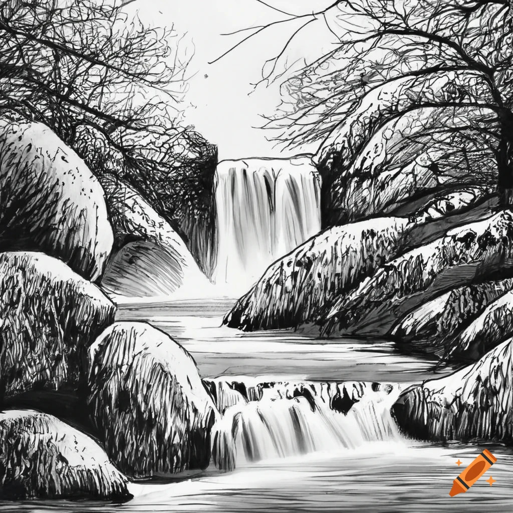 Tree By Waterfall With Bird Flying Over Lake Pencil Drawing Robert Ficcara  | eBay