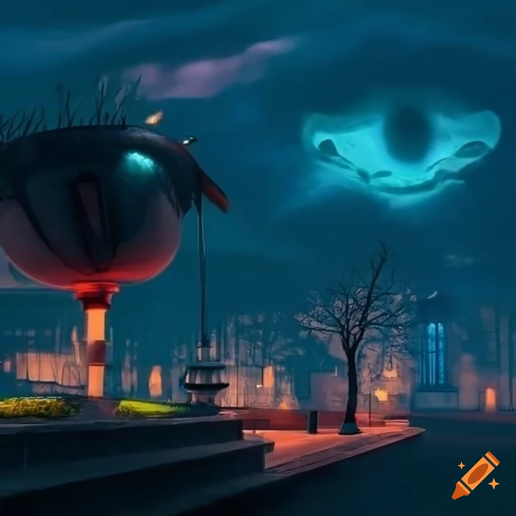 surreal city park with gothic and futuristic elements