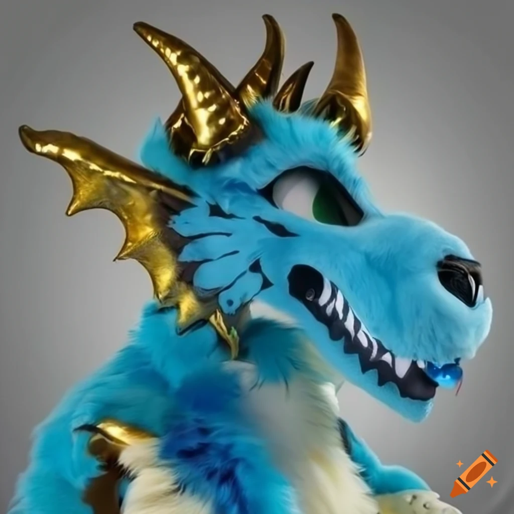 blue anthro dragon with golden horns and spikes