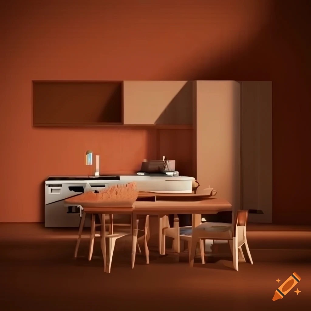 realistic 3D render of a cozy cube room with kitchen and stairs
