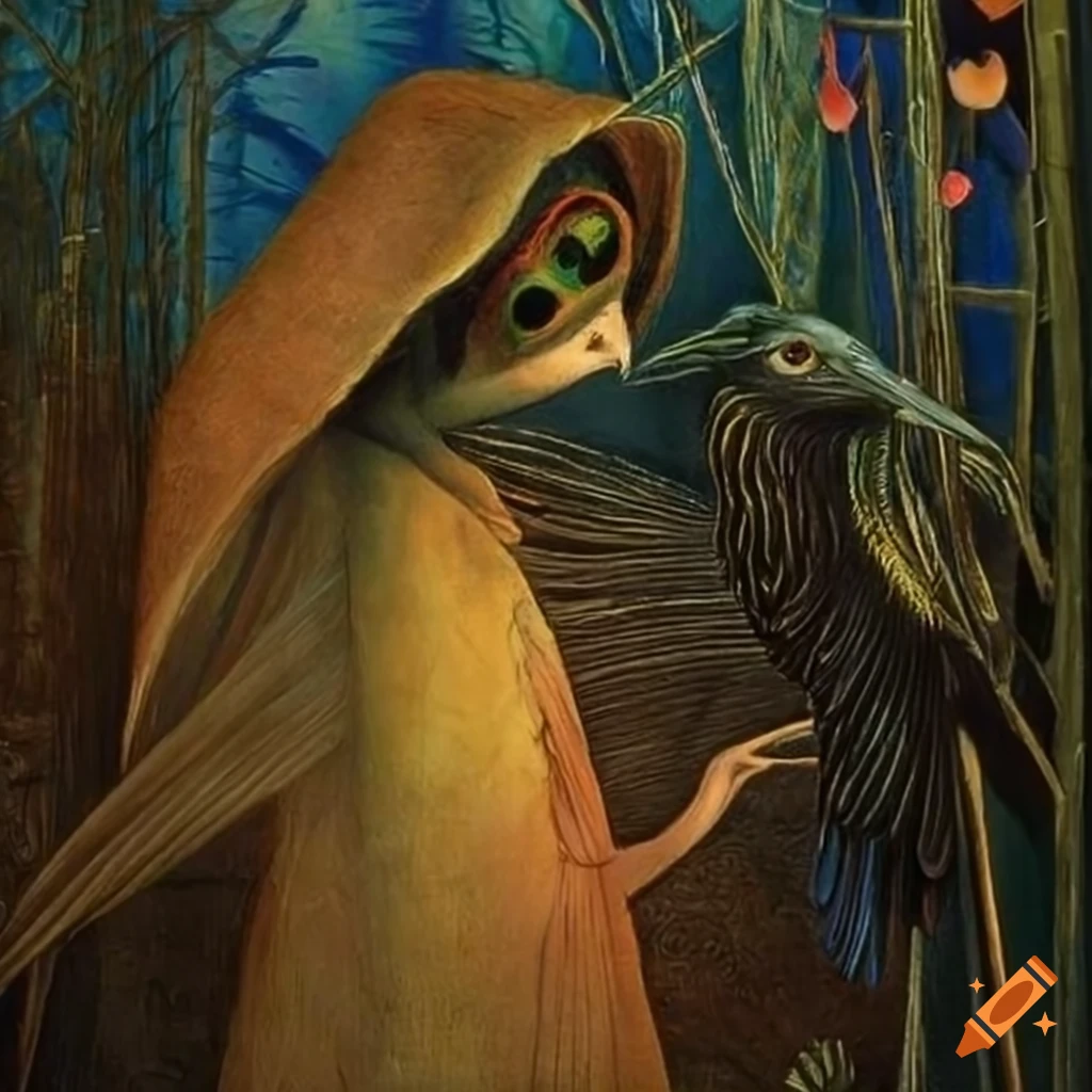 illustration of a raven wearing a colorful peacock feather cloak