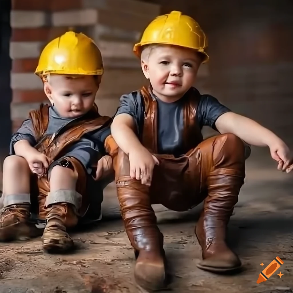 picture of a toddler in construction worker outfit on a building site