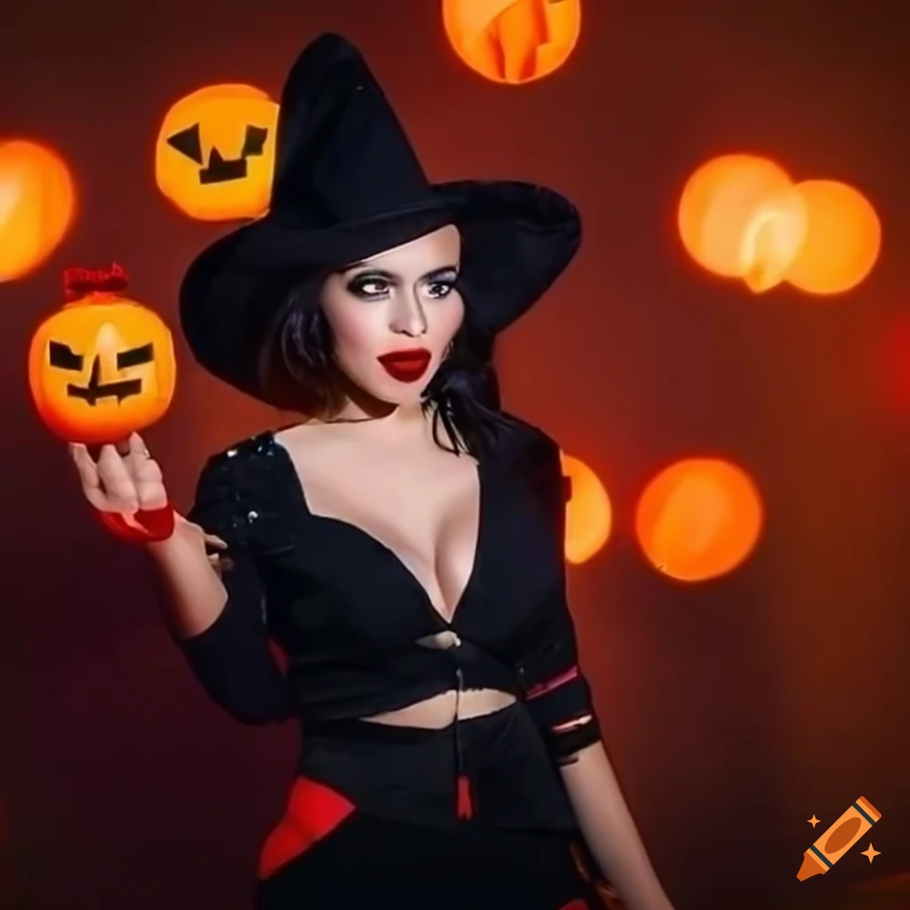 Halloween-themed pinup girl with jack-o-lanterns