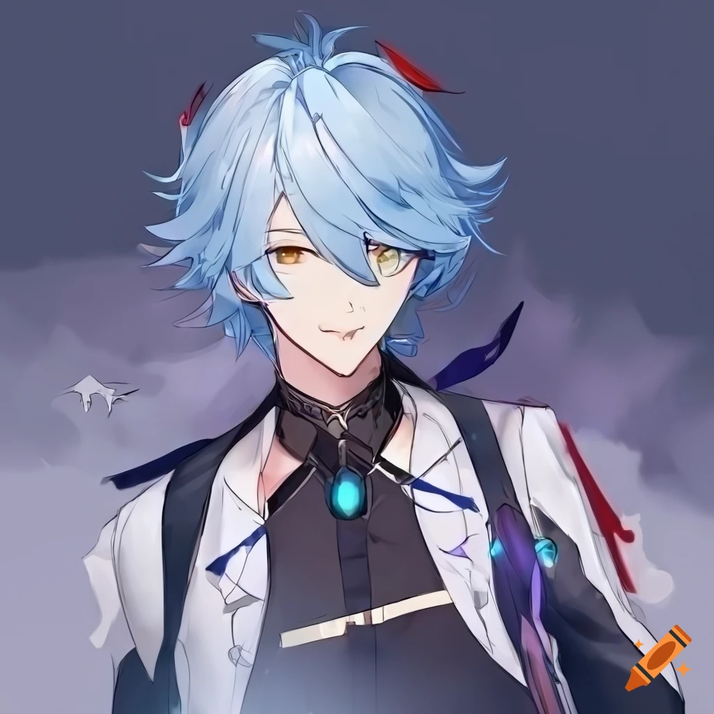 anime boy with white and blue hair in black clothes
