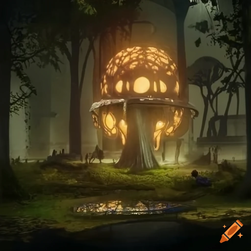 Glowing mushrooms and crystals in a cave forest town on Craiyon