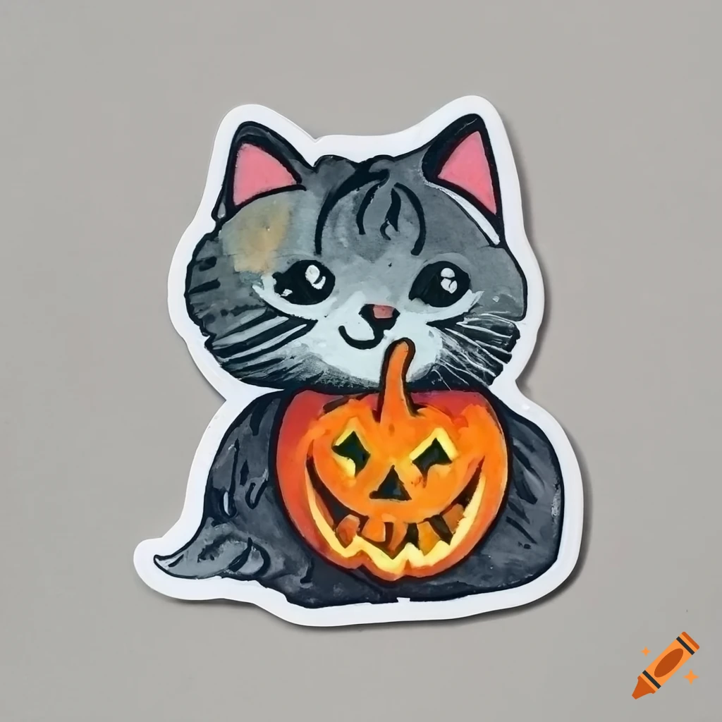 Watercolor sticker of a cat and jack-o'-lantern on Craiyon