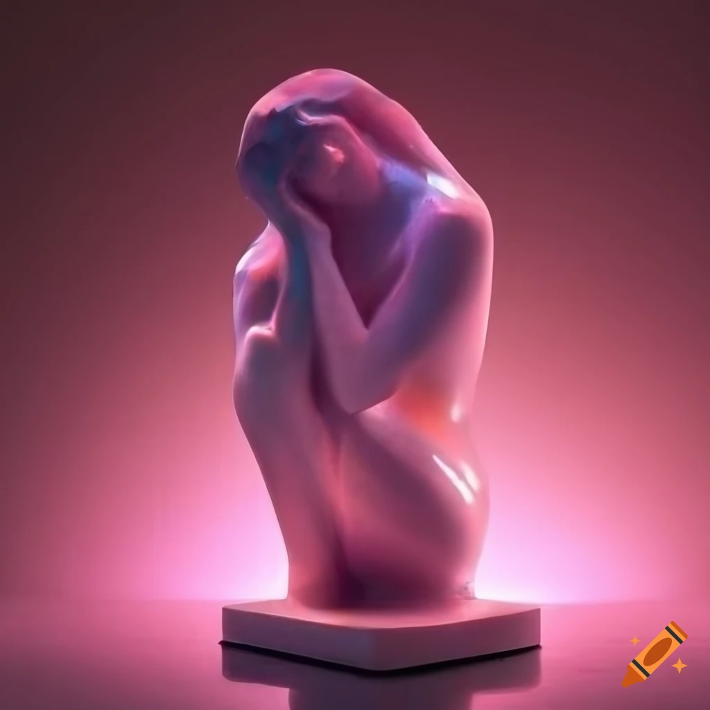 pink-lit Rodin sculpture in reflective lake