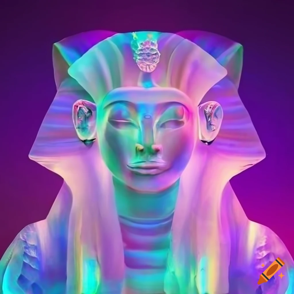 detailed image of a sunlit crystal sphinx in iridescent lake
