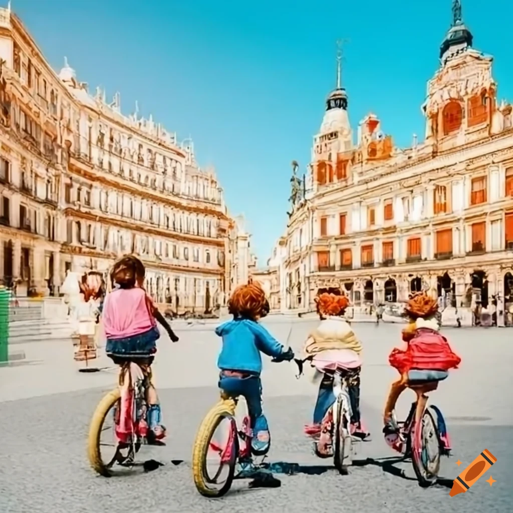 kids biking in Madrid's landmarks
