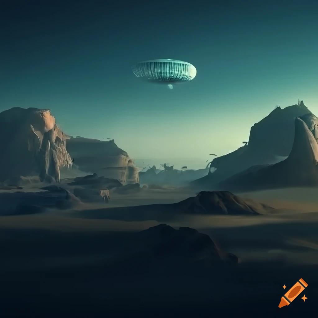 epic desert landscape with futuristic airship
