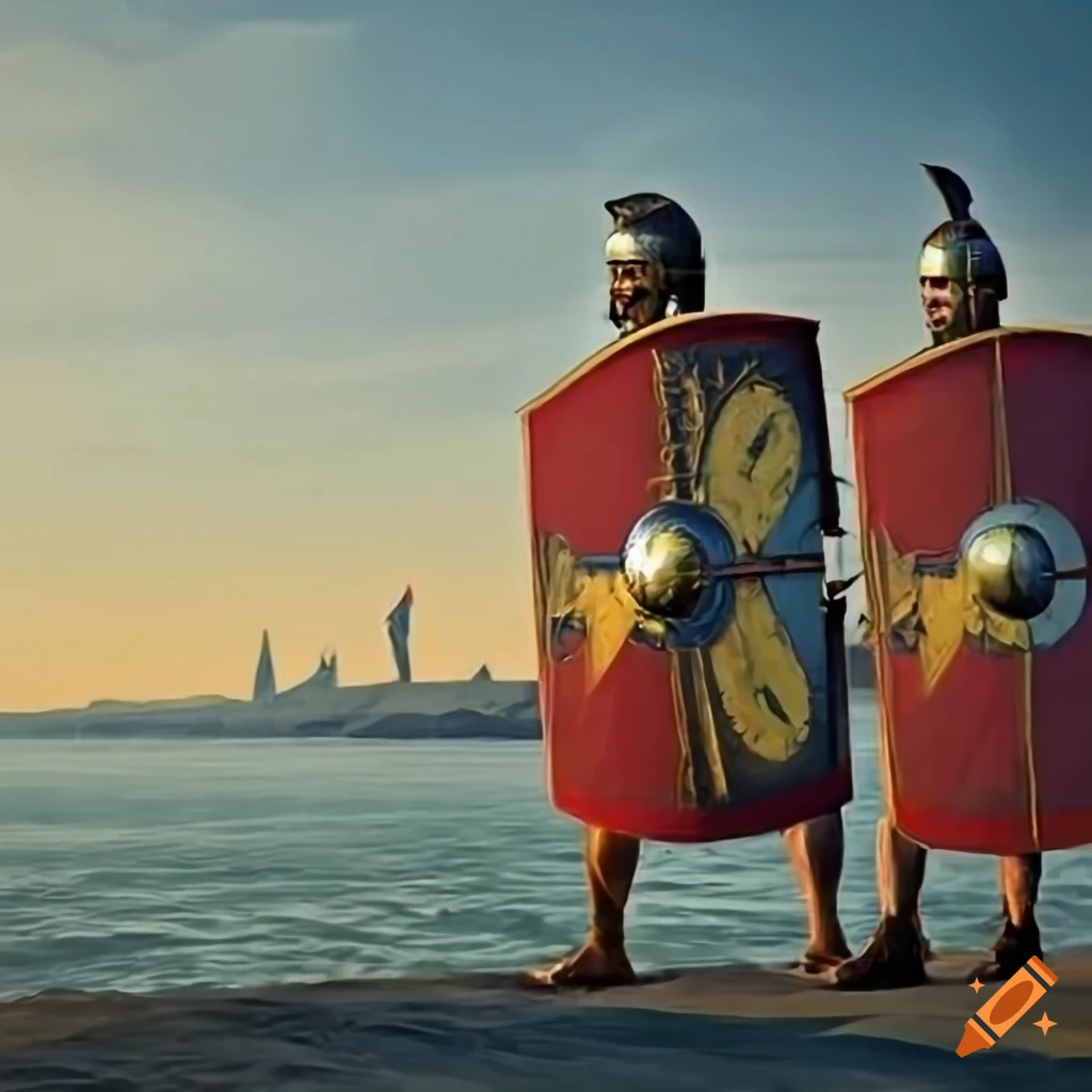 Roman legionnaire standing in the foreground, Rhine landscape in the background