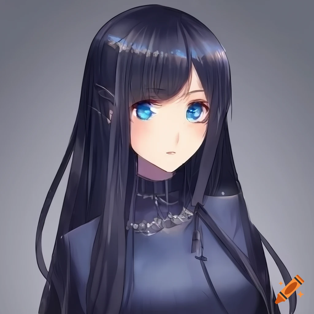 Anime girl with long dark blue hair and purple eyes and black wings wearing  all black