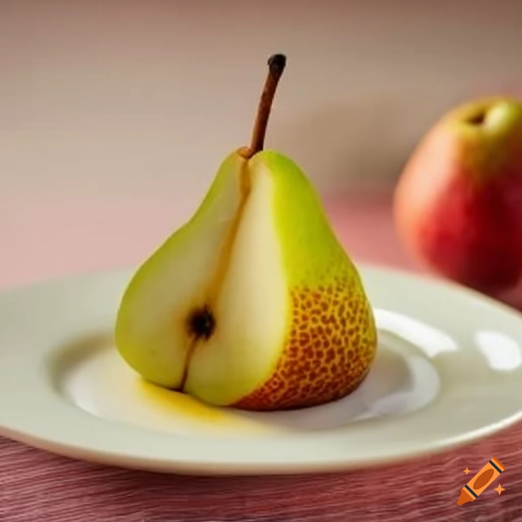 Poached pears on a white plate on a white background on Craiyon