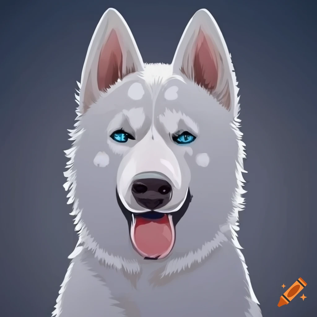 Cartoon illustration of a white husky on Craiyon