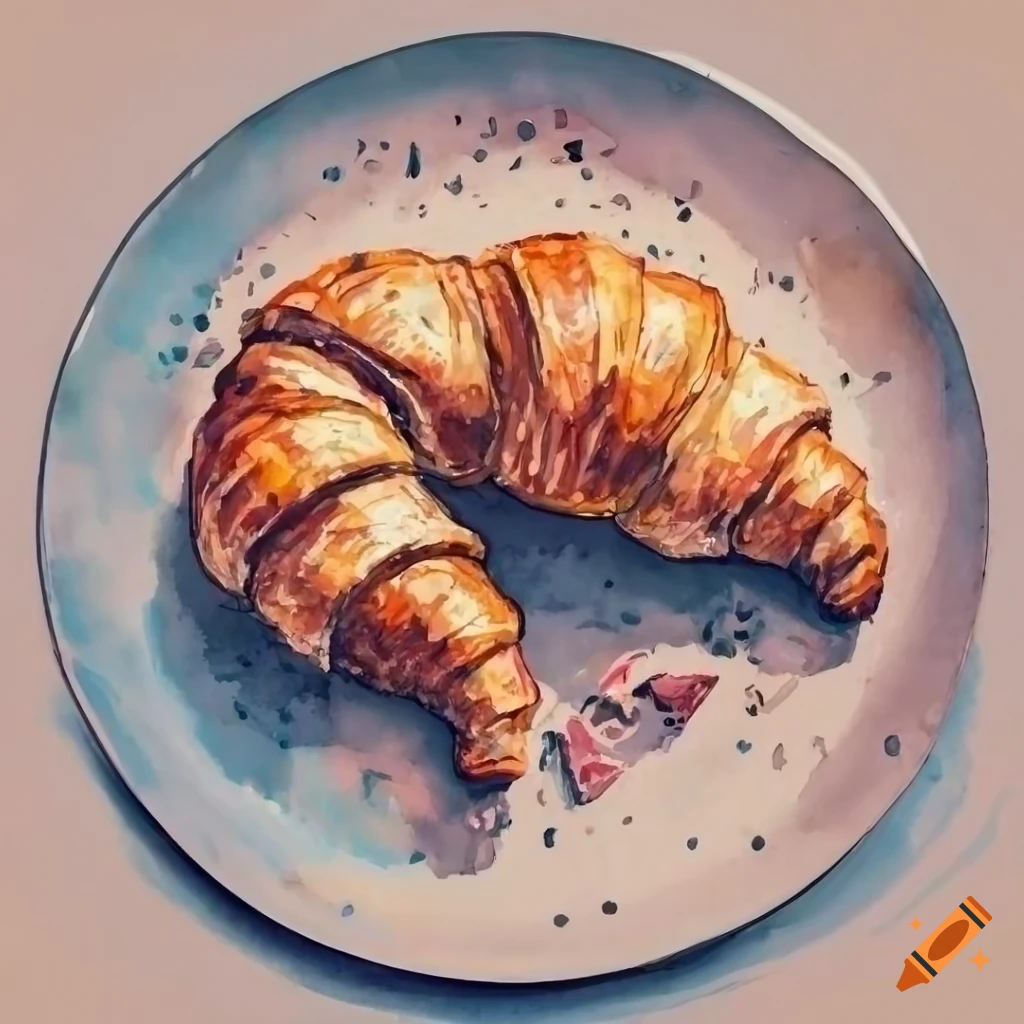 Watercolor of a ham and cheese croissant on a vintage plate on Craiyon